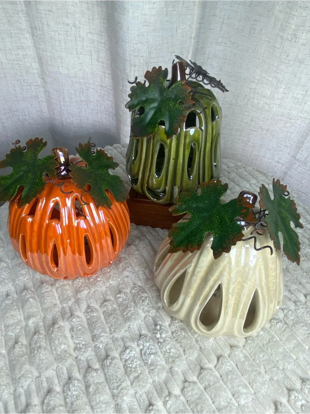 Vintage Iridescent Ceramic Pumpkin Luminary Set 3 Light Up Fall